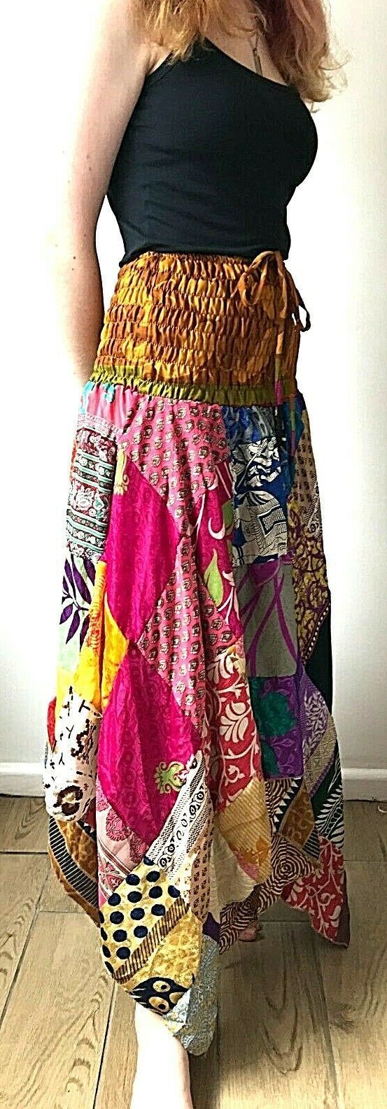 Patchwork Skirt Dress Festival Boho Hippie pixie gypsy long Stretch sun ONE SIZE