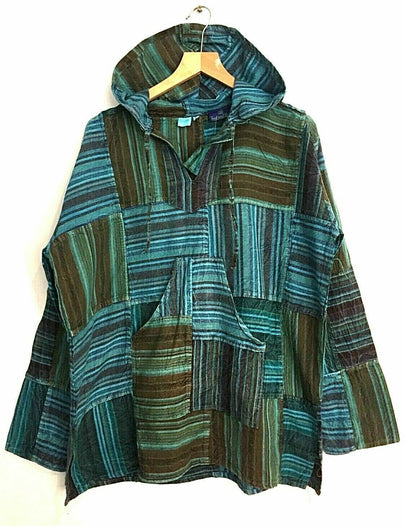 HOODIE jumper tunic Shirt Top Patchwork Cotton Casual  Hippie Boho Kurta  L BLUE