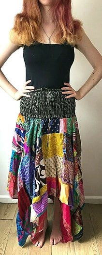 Patchwork Dress Skirt long Stretch boho hippie Festival pixie gypsy sun one size