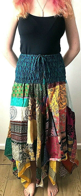 Patchwork Skirt Dress Festival Boho Hippie pixie gypsy long Stretch sun ONE SIZE