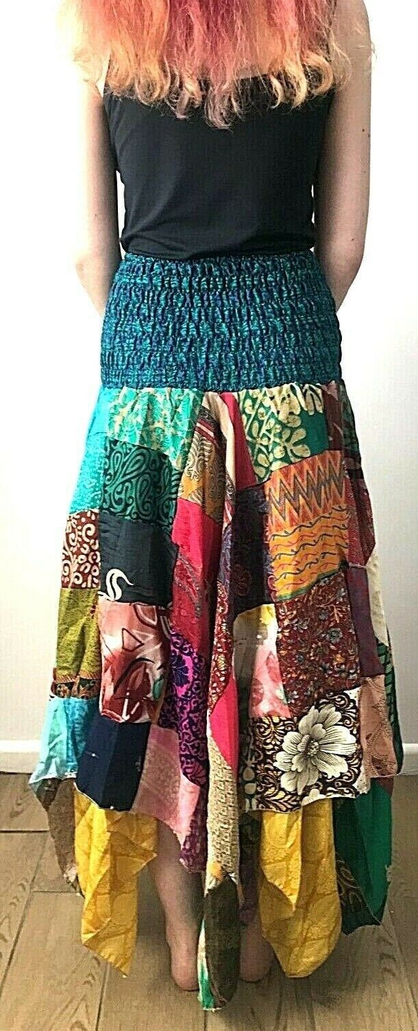 Patchwork Skirt Dress Festival Boho Hippie pixie gypsy long Stretch sun ONE SIZE