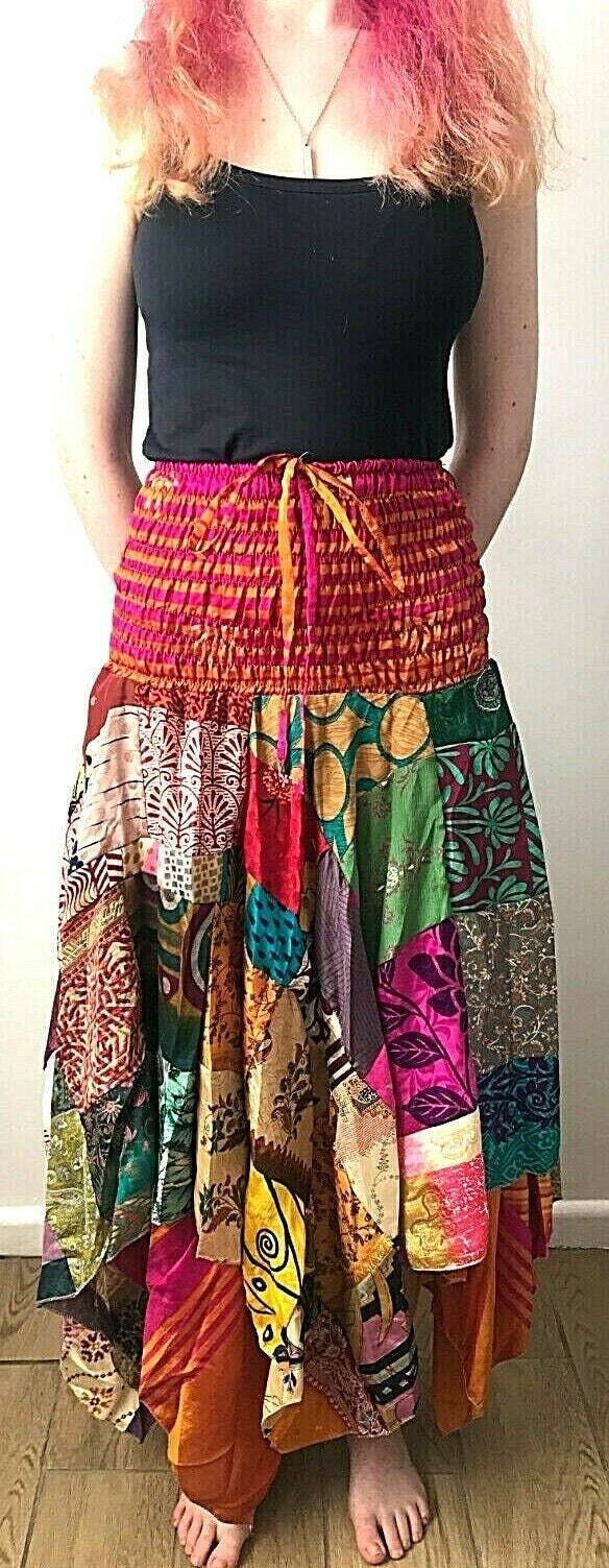 Patchwork SKIRT Dress boho hippie Festival pixie gypsy long summer sun one size