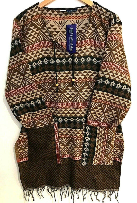 TUNIC JUMPER PULLOVER SWEATER Boho hippie BROWN winter warm tassel top 8 -14