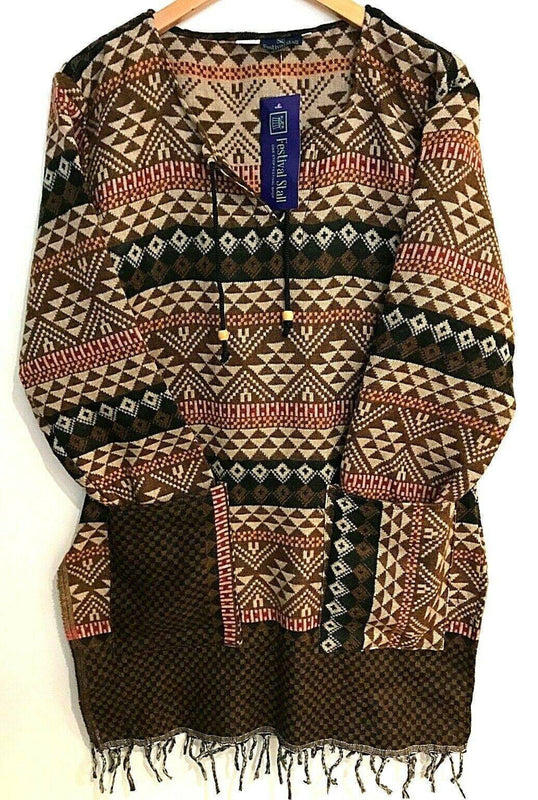 TUNIC JUMPER PULLOVER SWEATER Boho hippie BROWN winter warm tassel top 8 -14