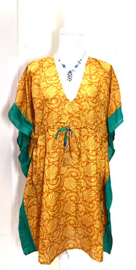 Kaftan Tunic Top blouse Boho hippy festival Sari Silk Cover up dress UK 8 - 18