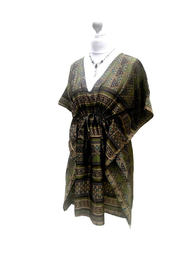 Boho hippy, festival, green sari silk, long tunic, kaftan top, cover up, dress, one size