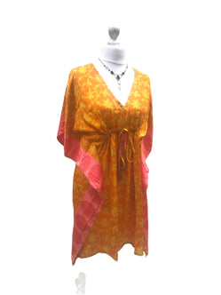 Boho hippy, festival, orange sari silk, long tunic, kaftan top, cover up, dress, one size