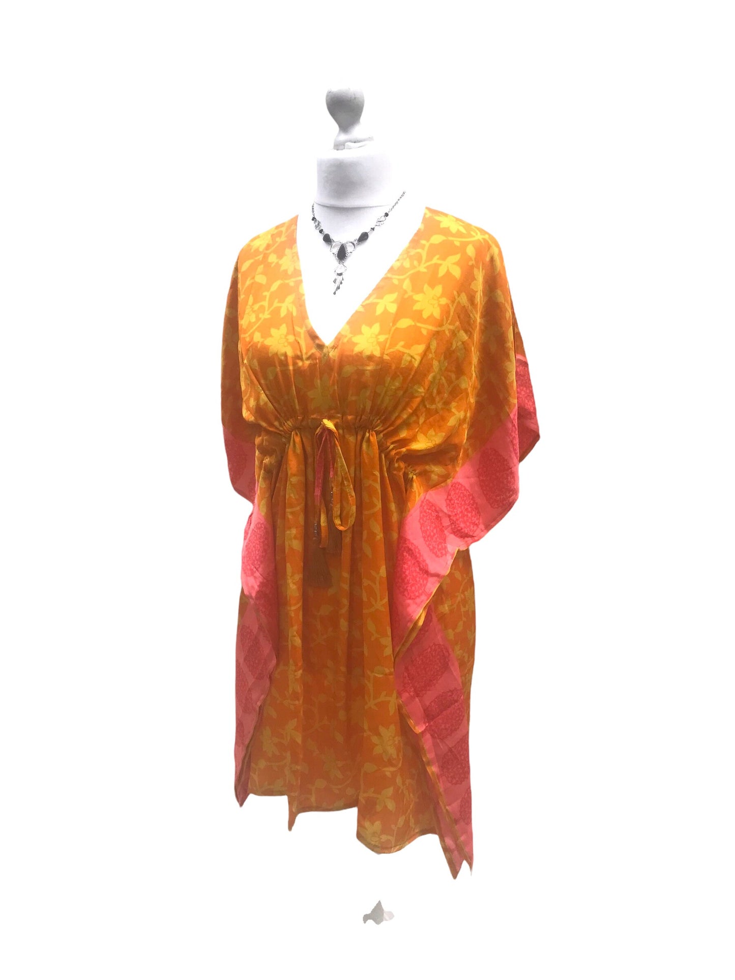 Boho hippy, festival, orange sari silk, long tunic, kaftan top, cover up, dress, one size