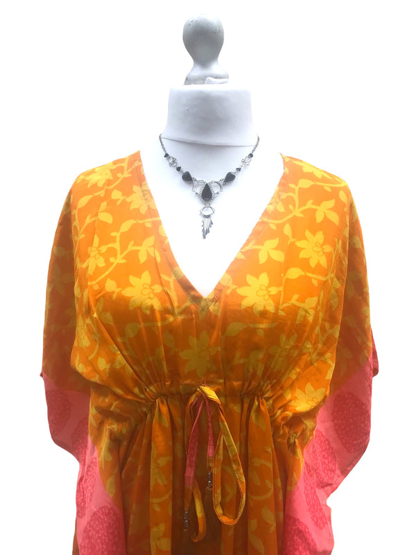 Boho hippy, festival, orange sari silk, long tunic, kaftan top, cover up, dress, one size