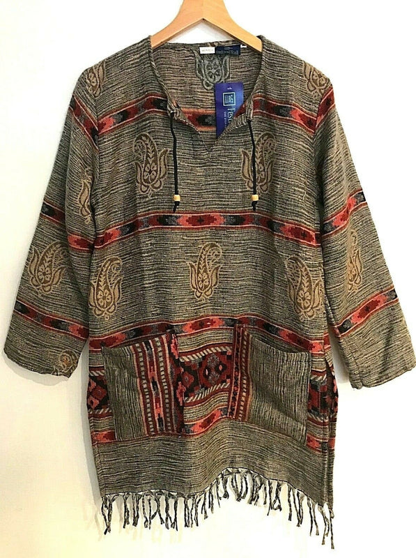 Boho hippie brown winter warm  tassel long sleeve blouse top tunic 8 10 12 14