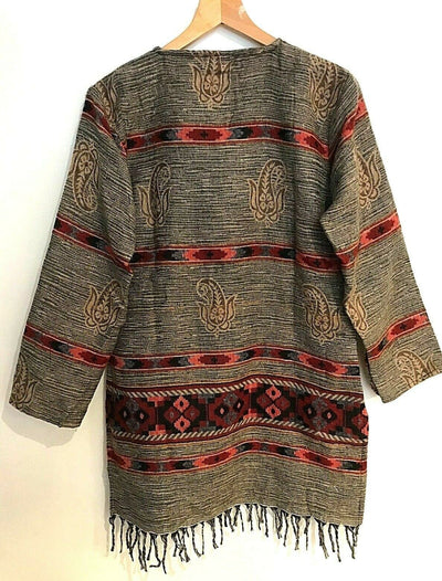 Boho hippie brown winter warm  tassel long sleeve blouse top tunic 8 10 12 14