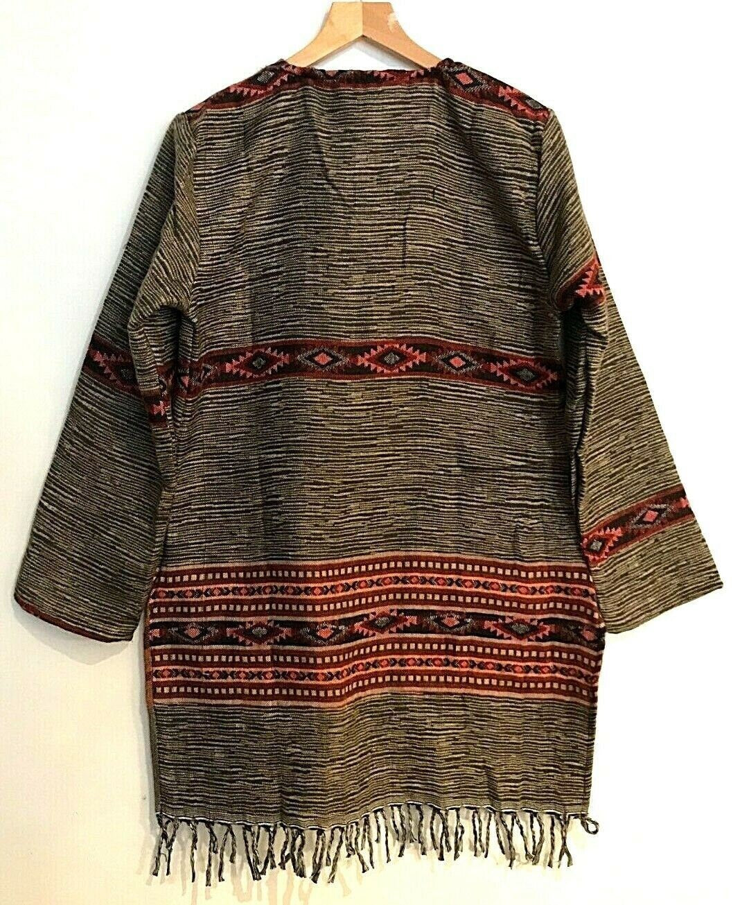 Boho hippie festival dark brown warm tassel long sleeve blouse top tunic uk 8 10