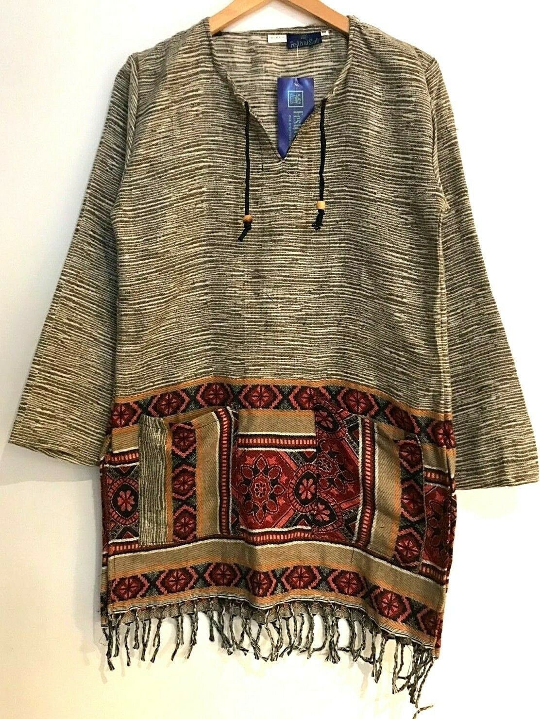 Boho hippie festival beige warm winter tassel long sleeve blouse top tunic 8 10