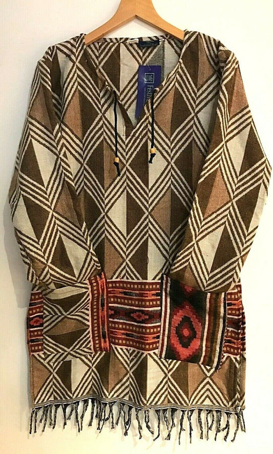 Boho hippie festival brown warm winter tassel long sleeve blouse top tunic 8 10