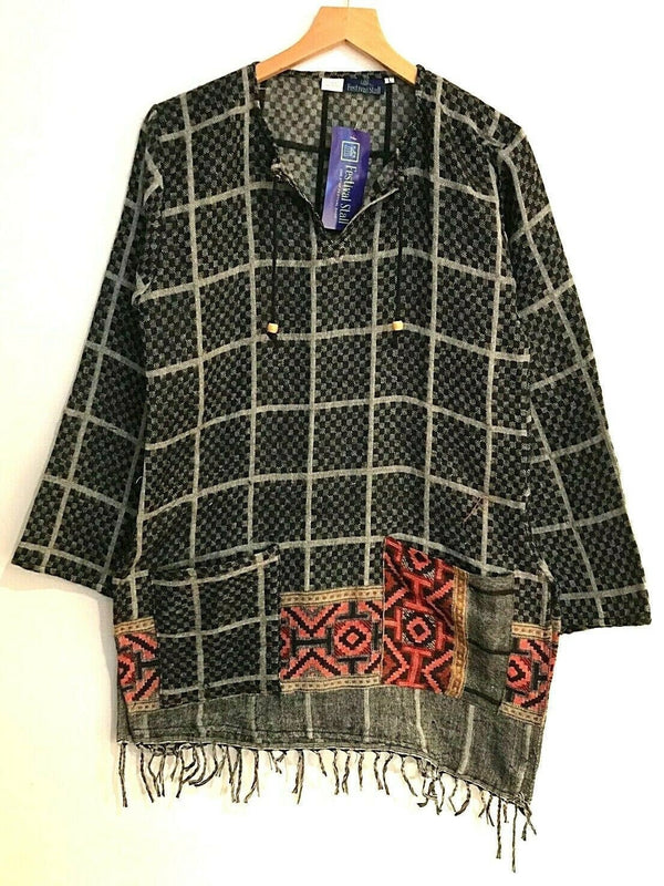 Boho hippie festival grey red warm tassel long sleeve blouse top tunic 12 14