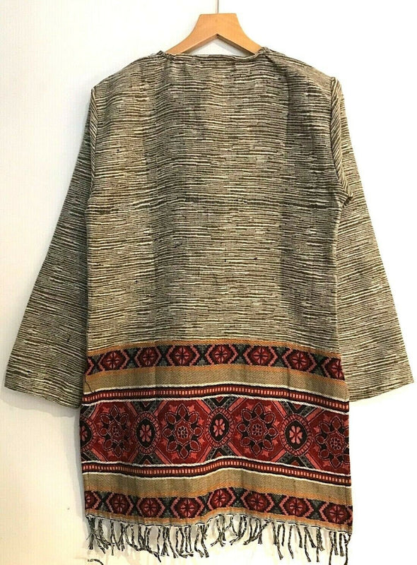 Boho hippie festival beige warm winter tassel long sleeve blouse top tunic 8 10