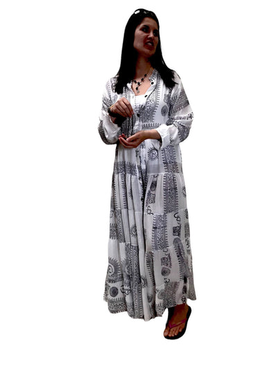 Long White Dress, Boho hippy Festival, print, maxi cool summer UK 8 10 12 14