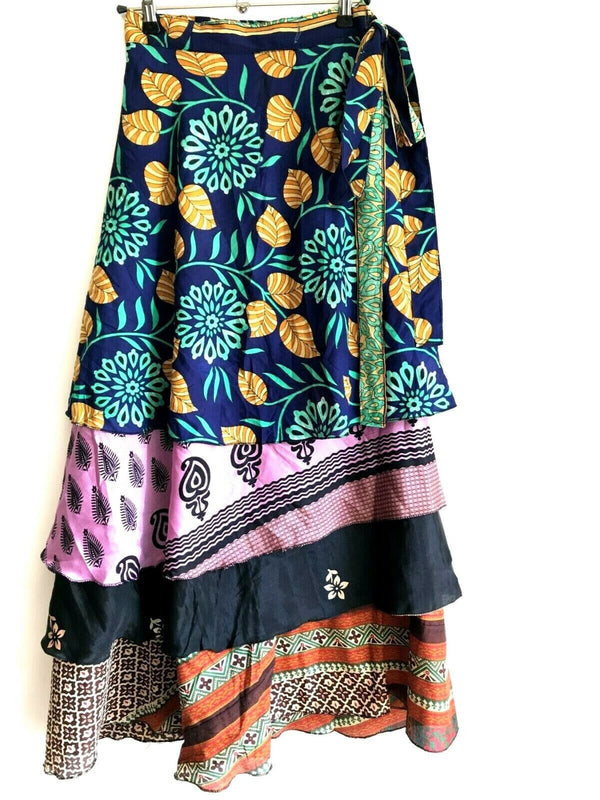 Layered Wrap Skirt Boho Hippy Festival style Sari Silk Maxi long Retro One size UK 8 18 US 4 14 ECO