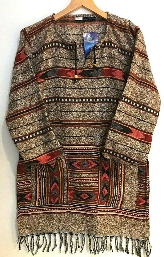 Boho hippie festival brown warm winter tassel long sleeve blouse top tunic 8 10