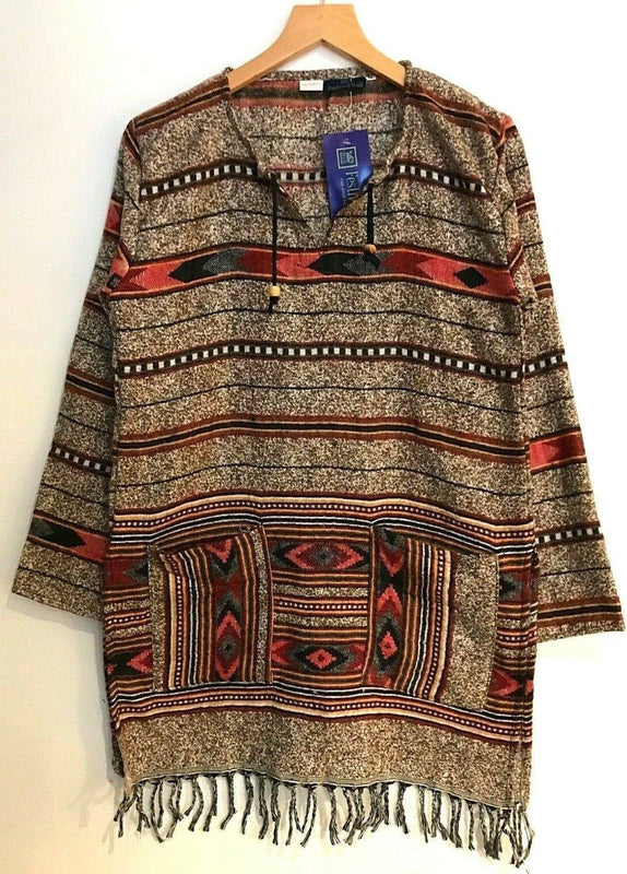 Boho hippie festival brown warm winter tassel long sleeve blouse top tunic 8 10