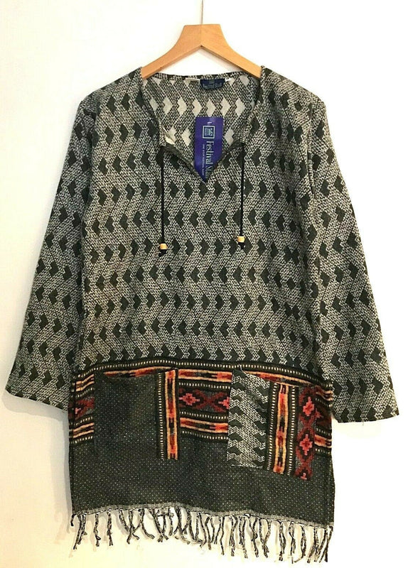 Boho hippie festival grey winter warm tassel long sleeve blouse top tunic 12 14