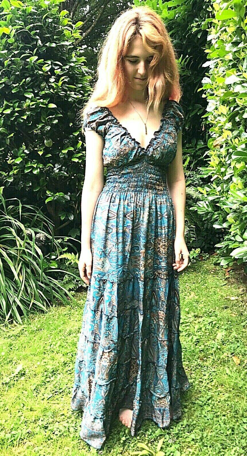 Boho hippie Festival pixie 100% SILK Bright BLUE Long dress maxi  8 10 12 14 16