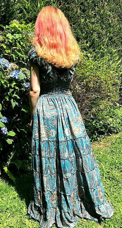 Boho hippie Festival pixie 100% SILK Bright BLUE Long dress maxi  8 10 12 14 16