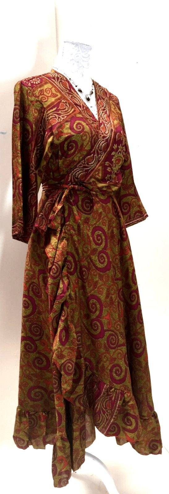 Boho hippy Festival Long maxi Sari-Silk pretty summer Wrap Dress UK 8 10 12 14