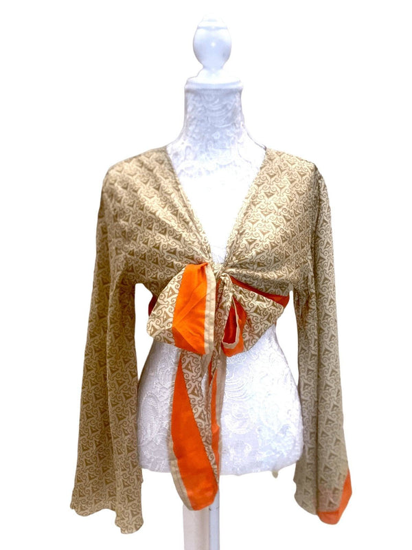 Boho hippy Festival retro Silk Bell Sleeve Wrap Kimono Kaftan Top UK 8 10 12 14