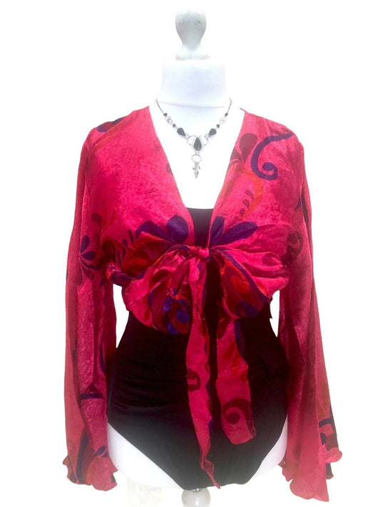 Boho hippy festival style, retro, Pink, Sari Silk, bell sleeve, Wrap Kimono kaftan, summer crop top UK 8 10 12 14, US 4 6 8 10