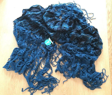 Boho hippy goth TEAL BLUE tartan LETTUCE OF LONDON scarf wrap pashmina shawl