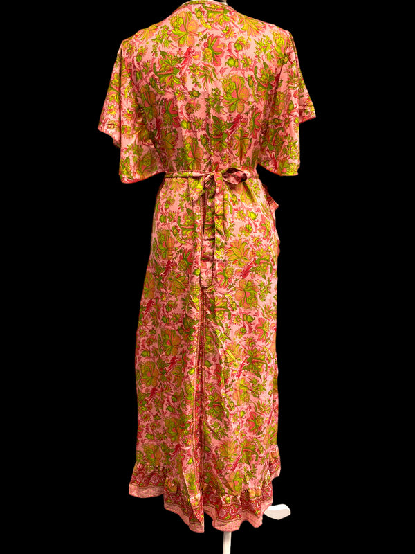 Bubblegum Pink SILK Wrap Dress Boho Hippy long party wedding outfit UK 8-14