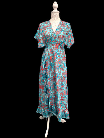 BLUE Pure Silk Wrap Dress long Boho Hippy Festival party wedding outfit UK 8-14