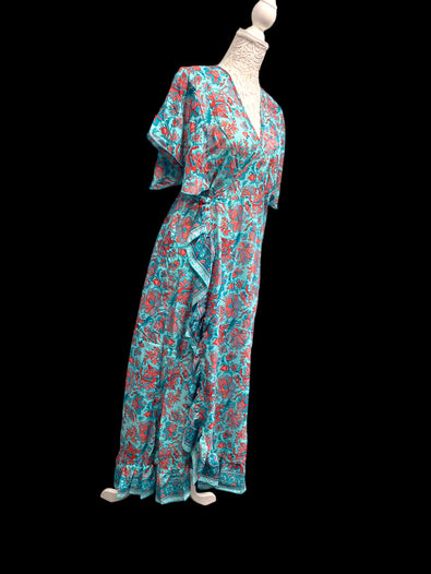 BLUE Pure Silk Wrap Dress long Boho Hippy Festival party wedding outfit UK 8-14