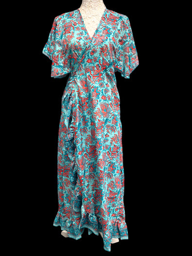 BLUE Pure Silk Wrap Dress long Boho Hippy Festival party wedding outfit UK 8-14