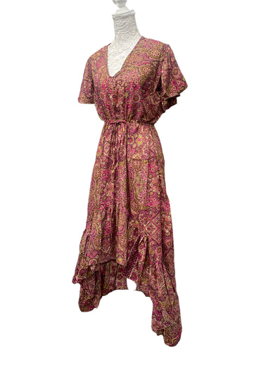 Festival Stall LTD Boho festival Clothing Pink Gold Boho SILK maxi dress | Asymmetric long length Summer| Royal Elegant godess hippie | Vacation | Festival Wedding Party outfit