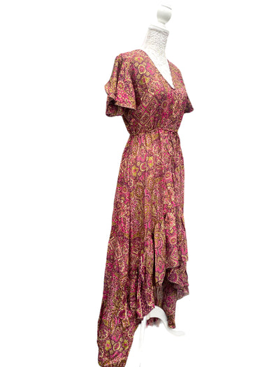 Festival Stall LTD Boho festival Clothing Pink Gold Boho SILK maxi dress | Asymmetric long length Summer| Royal Elegant godess hippie | Vacation | Festival Wedding Party outfit