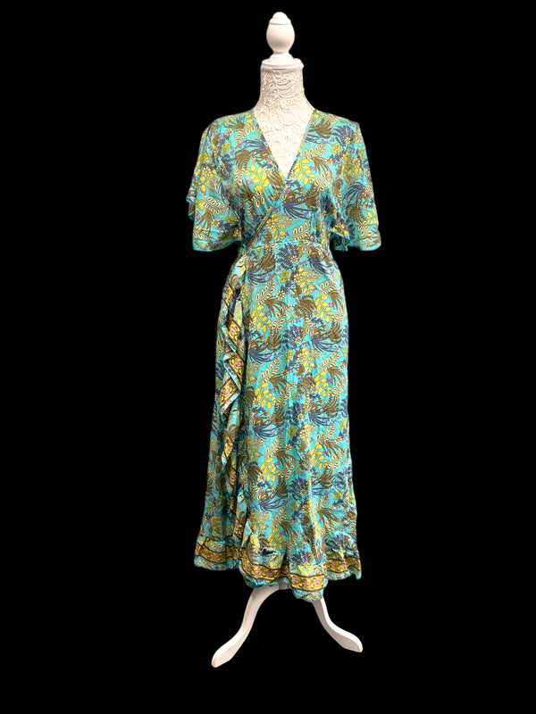 Wrap dress Boho hippy Festival  SILK Turquoise Long party wedding outfit UK 8-14