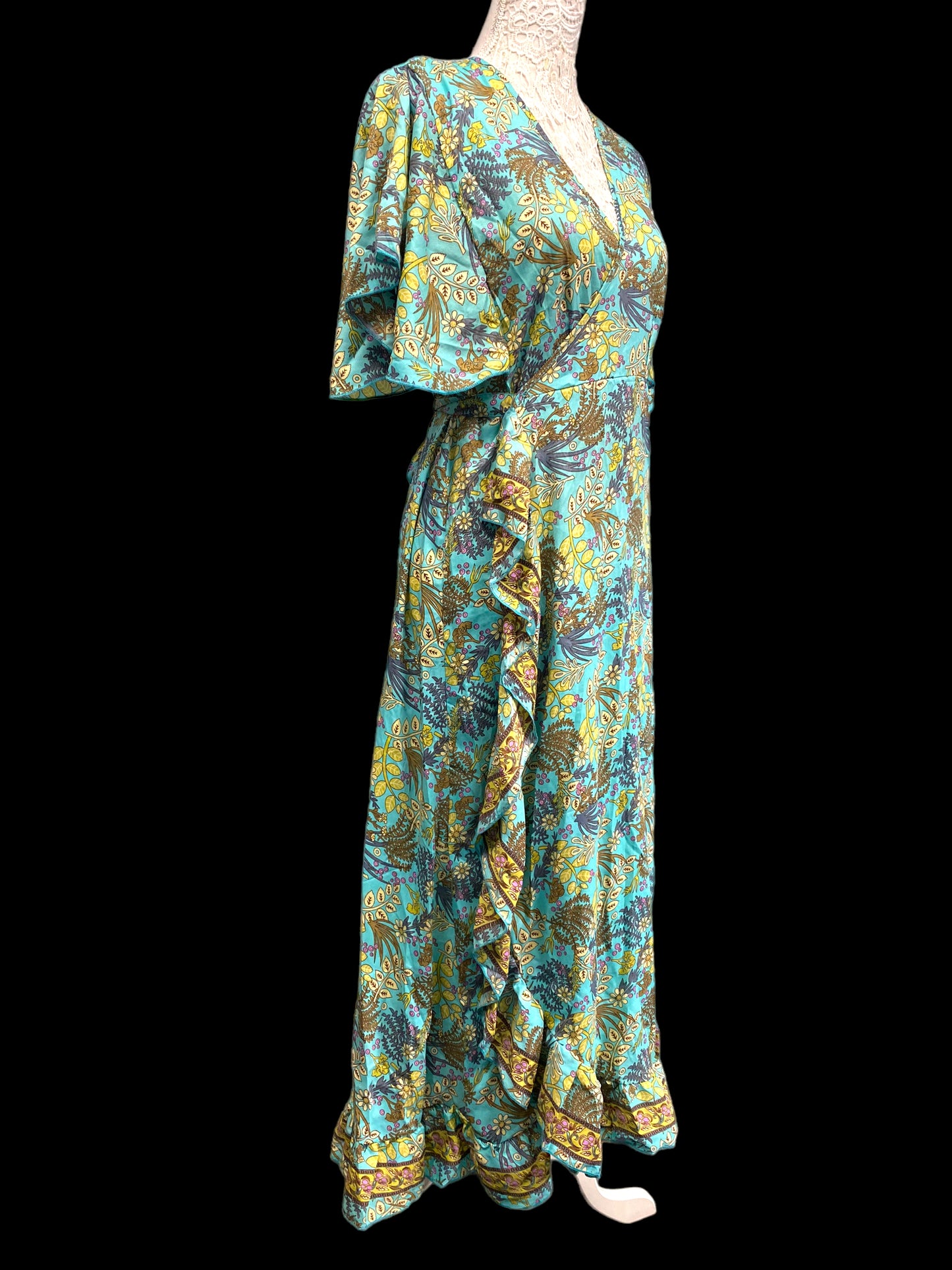 Wrap dress Boho hippy Festival  SILK Turquoise Long party wedding outfit UK 8-14