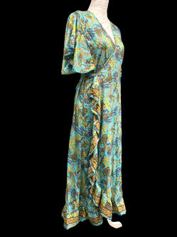 Wrap dress Boho hippy Festival  SILK Turquoise Long party wedding outfit UK 8-14