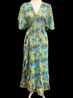 Wrap dress Boho hippy Festival  SILK Turquoise Long party wedding outfit UK 8-14