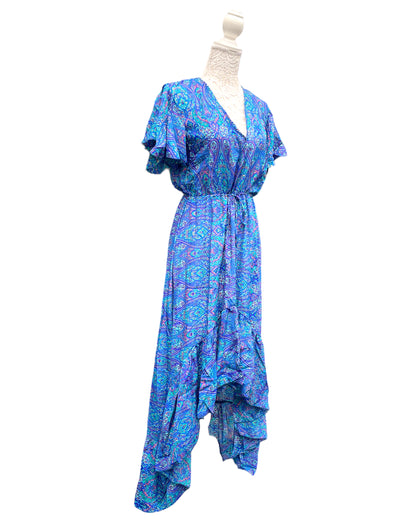 Festival Stall LTD Boho festival Clothing Electric Blue SILK maxi dress | Asymmetric long length Summer| Royal Elegant godess hippie | Vacation | Festival Wedding Party outfit