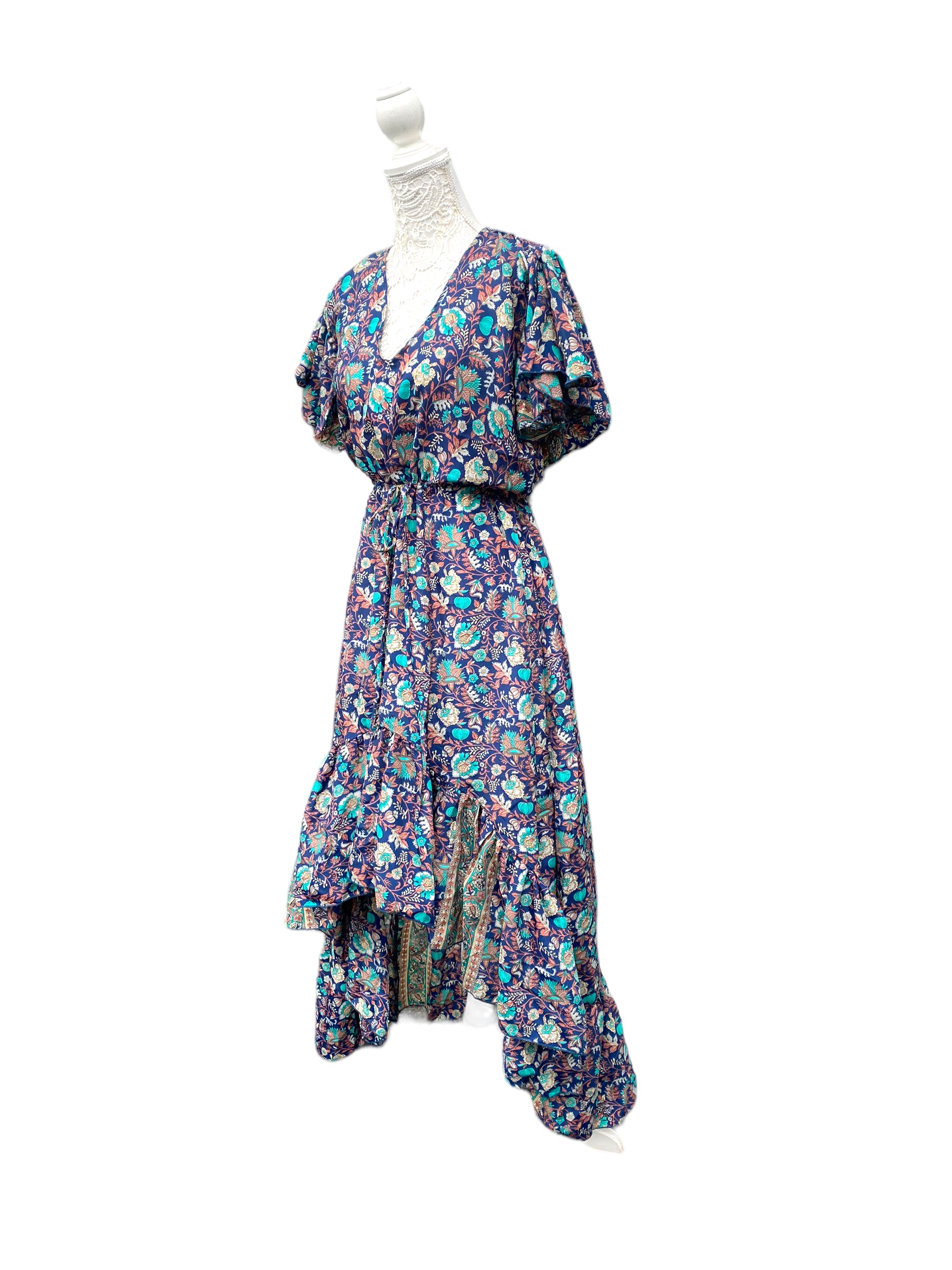 Festival Stall LTD Boho festival Clothing Floral Boho SILK maxi dress | Asymmetric long length Summer| Royal Elegant godess hippie | Vacation | Festival Wedding Party outfit