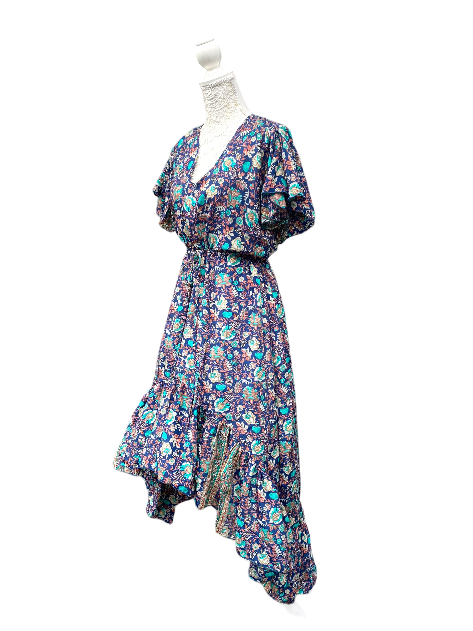 Festival Stall LTD Boho festival Clothing Floral Boho SILK maxi dress | Asymmetric long length Summer| Royal Elegant godess hippie | Vacation | Festival Wedding Party outfit