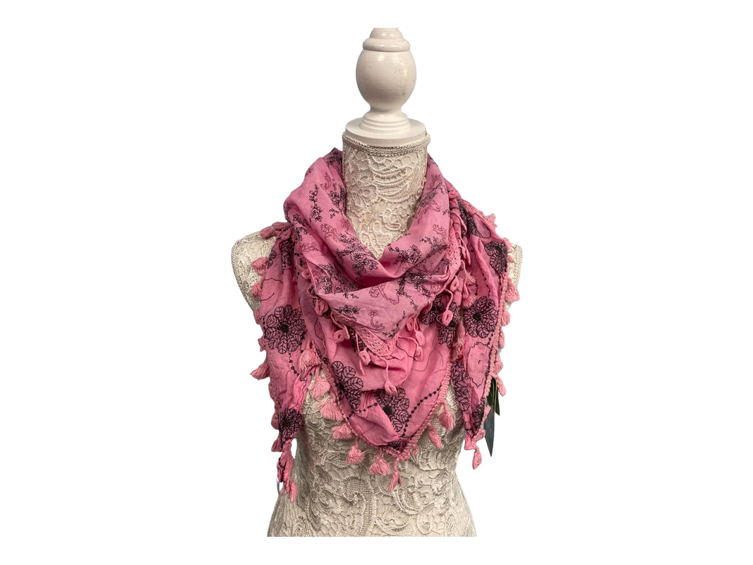 Pretty Pink 100% cotton Embroidered Lace, Boho Hippy Tassel scarf, pashmina, triangular, Gift
