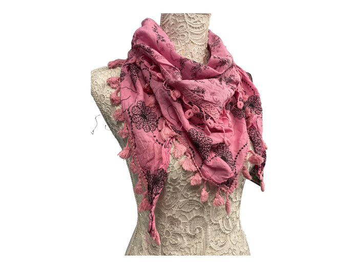 Pretty Pink 100% cotton Embroidered Lace, Boho Hippy Tassel scarf, pashmina, triangular, Gift