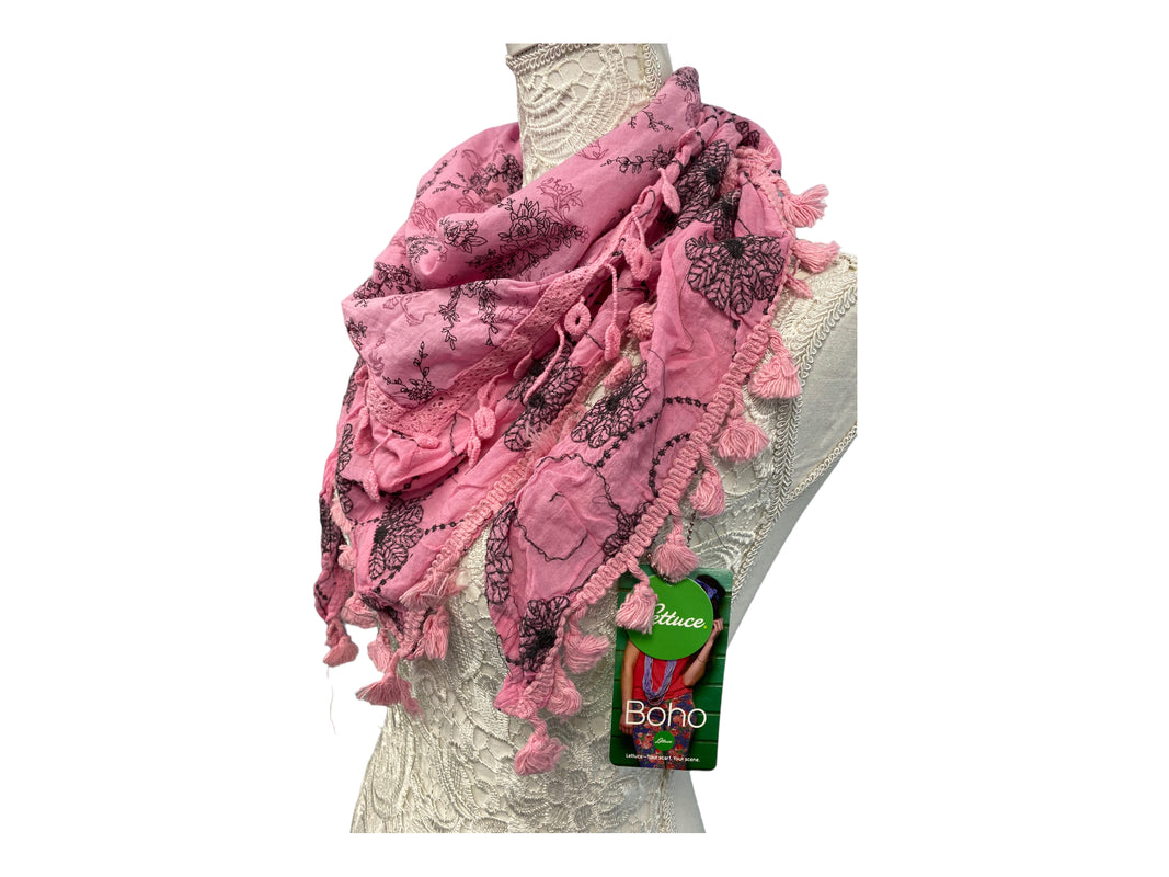 Pretty Pink 100% cotton Embroidered Lace, Boho Hippy Tassel scarf, pashmina, triangular, Gift