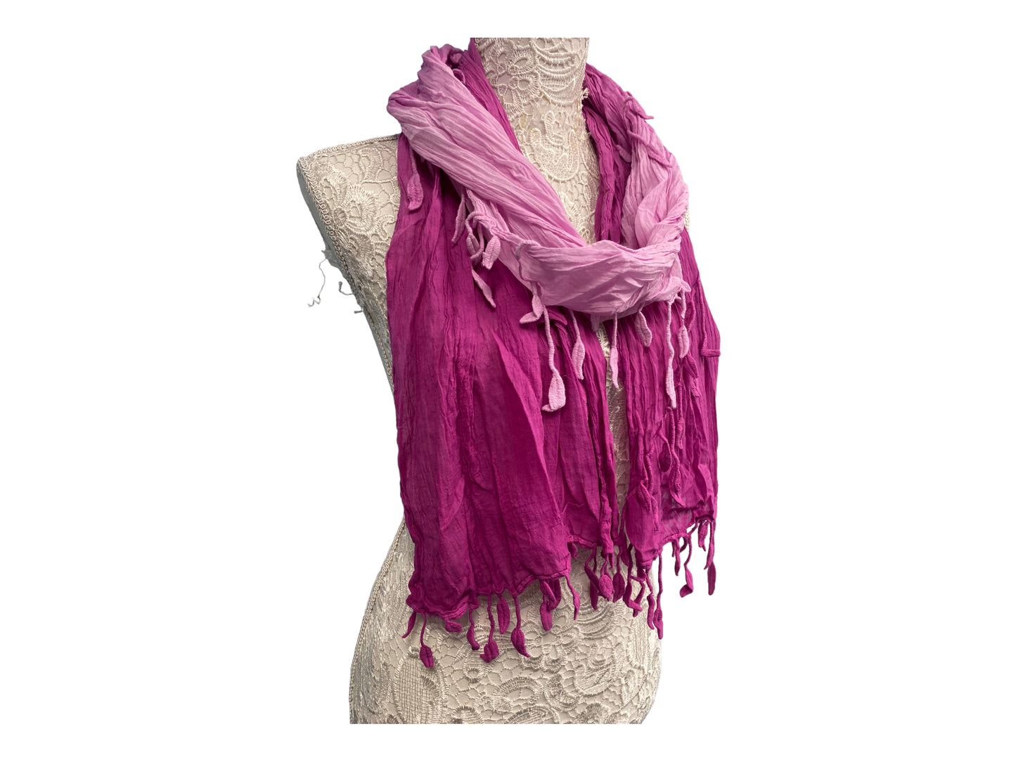 Pink dip dyed SCARF, LACE edged Boho Hippie style, Wrap tasselled