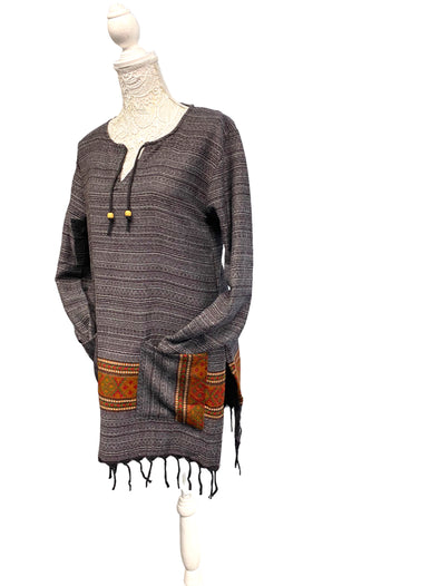 TUNIC Boho Hippie GREY JUMPER PULLOVER SWEATER winter warm tassel top 8 10 12 14