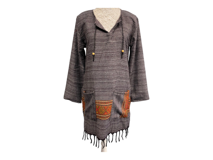 TUNIC Boho Hippie GREY JUMPER PULLOVER SWEATER winter warm tassel top 8 10 12 14